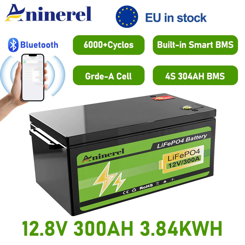 Aninerel 12V 300Ah LiFePO4 Bluetooth Özellikli Akü, Karavan, Golf Arabası, Ev Güneş Enerjisi, 6000'den Fazla Döngü, AB Stoku