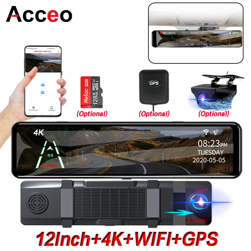 Acceo A45P Mirror Car Recorder &ndash; 4K Ultra HD 12 Inch IPS