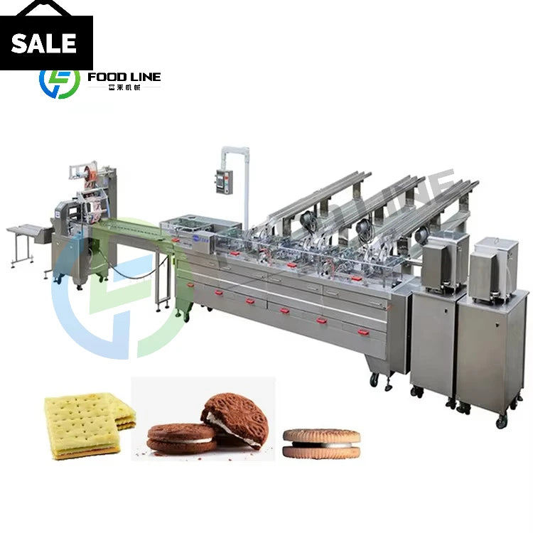 Automatisk kakbakningslinje för smörgåskakor med förpackningsenhet, 304 rostfritt stål, tre servomotorer, nyckelfärdig bageriutrustning från Kina