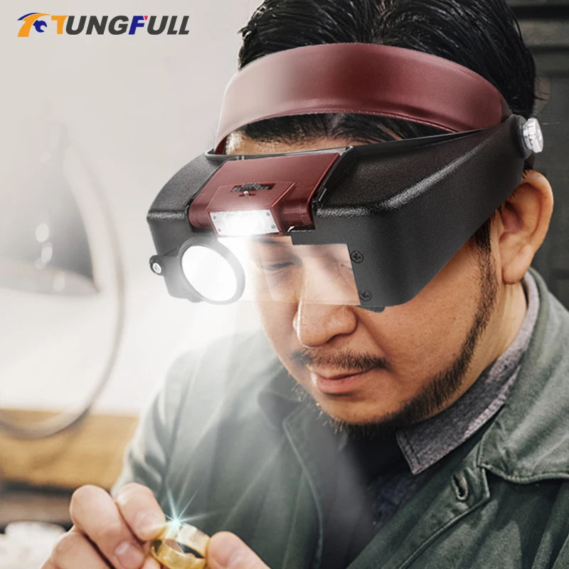 Lente ingranditrice a fascia LED con luce per riparazione di gioielli e orologi