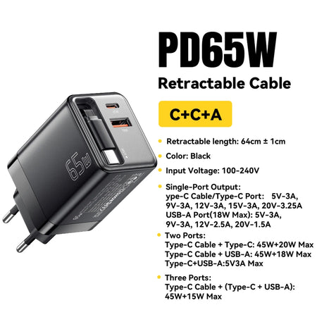 Essager 65W GaN Charger With Retractable Cable &ndash; PD Charge EU Black Charger