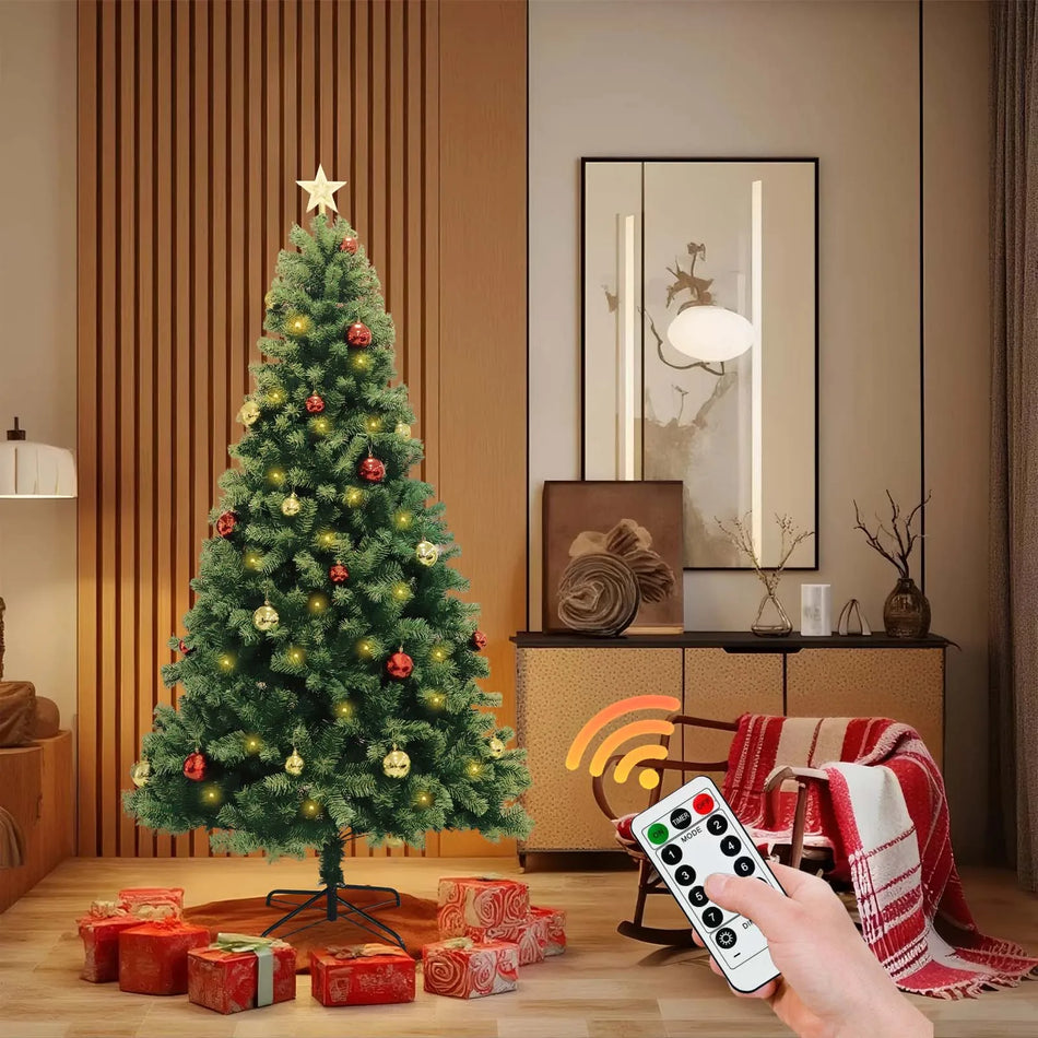 Green Artificial Christmas Tree With Remote, Hinged Prelit Pine With Metal Stand