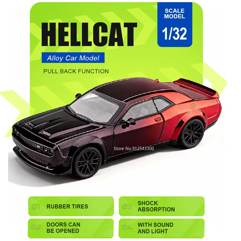 Mașină de jucărie din metal la scară 1:32 Hellcat Charger cu sunet și lumini, cu mecanism de întoarcere.