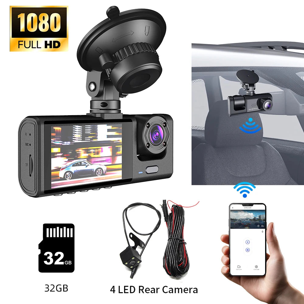 Dash Camera Night Vision 3-Lens DVR &ndash; 1080P IPS Screen 4LED 32G