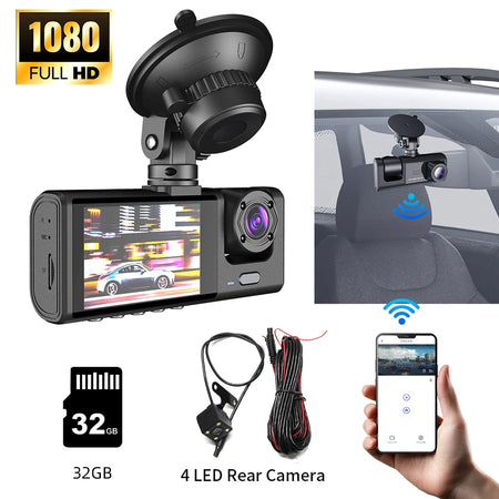 Dash Camera Night Vision 3-Lens DVR &ndash; 1080P IPS Screen 4LED 32G