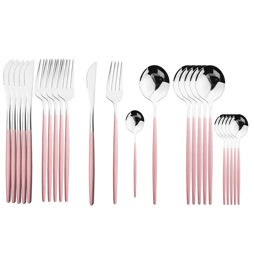 24Pcs Stainless Steel Dinnerware Set &ndash; Eco-Friendly Flatware Collection Pink Silver
