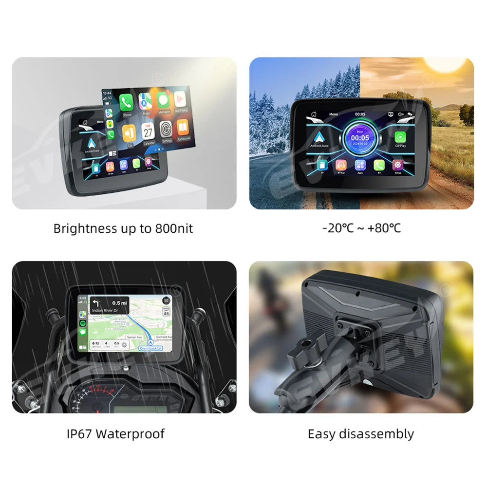 EVKEY Motorcycle Navigation CarPlay Display Screen &ndash; Wireless Android Auto Waterproof Monitor