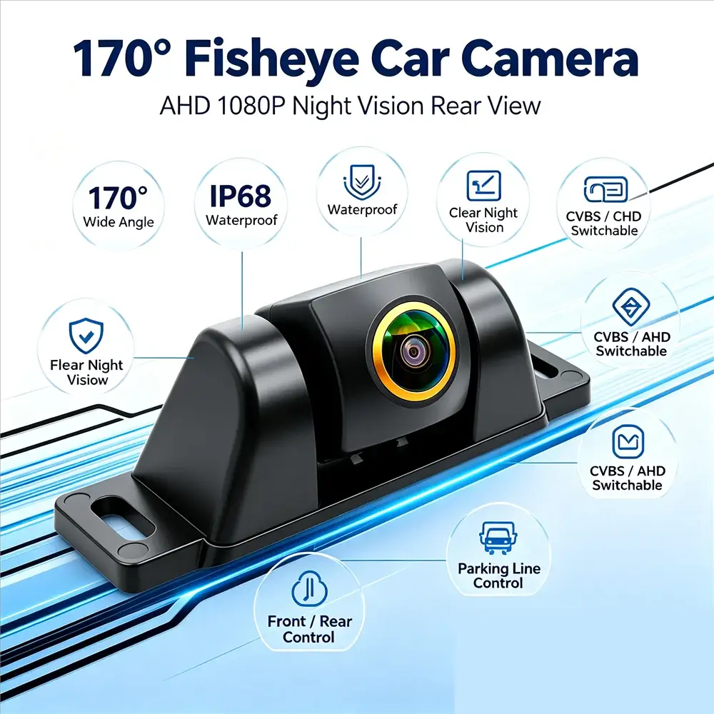 AHD 720P CCD Fisheye Car Reverse Camera 170° Wide Angle CVBS NTSC Switchable Front/Rear View Waterproof Vehicle Backup Parking by InterCyprus Trading Ltd