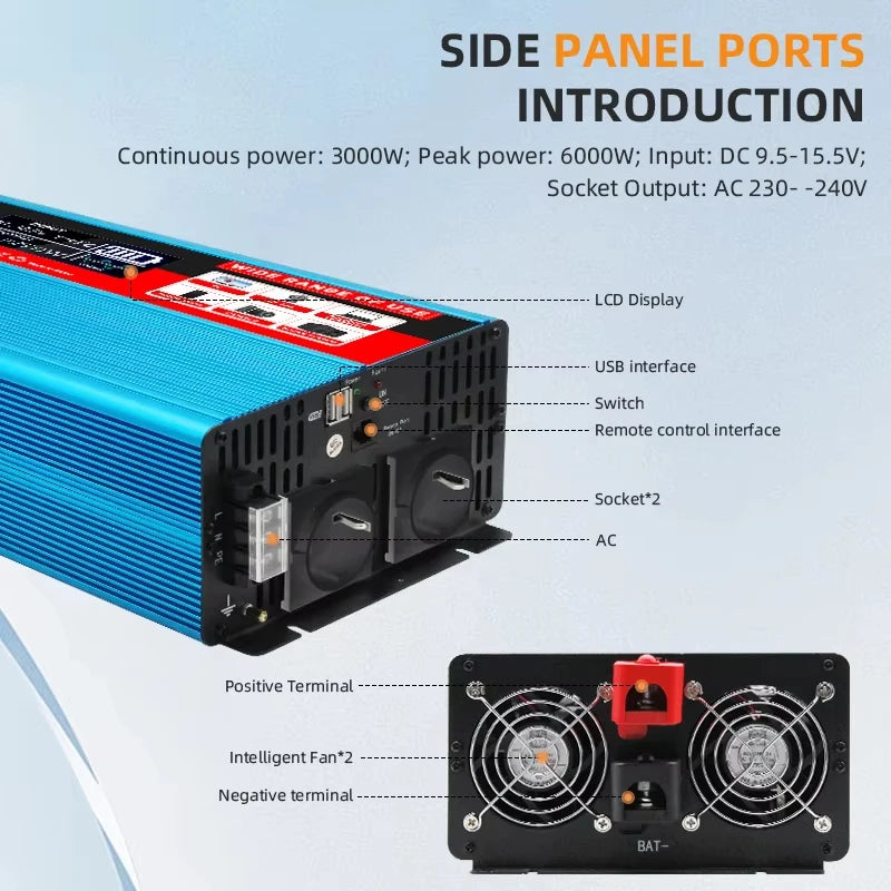 Puhtaan sinimuotoisen aallon virtamuunnin 12V/24V 220V:lle, 1000W-3000W etäohjauksella, LCD-näyttö EU-pistokkeella