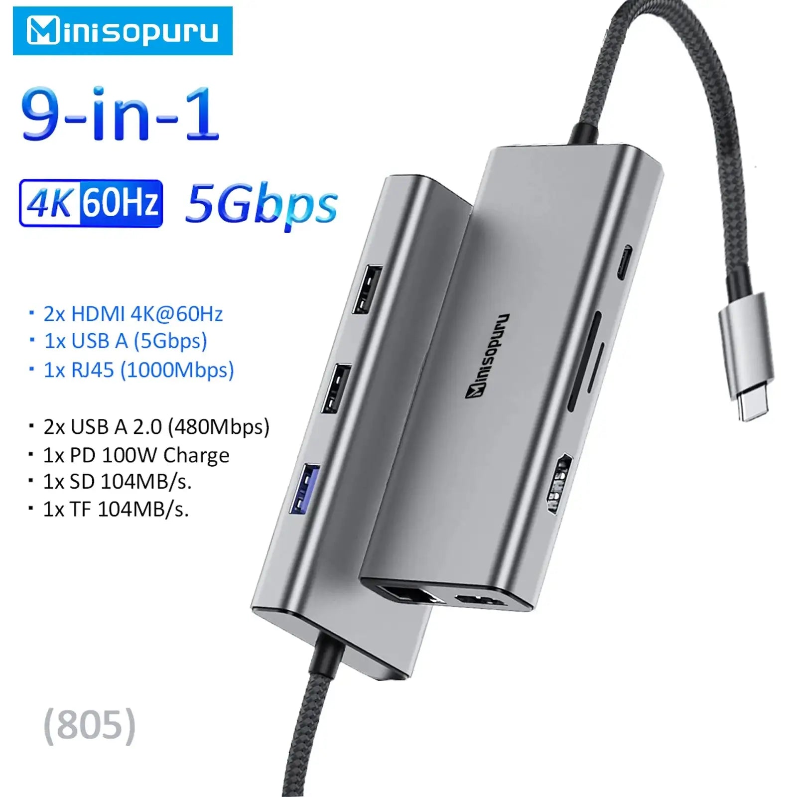 Minisopuru 10Gbps USB C Hub 100W PD For MacBook Pro iMac 9 in1-5Gbps (805)