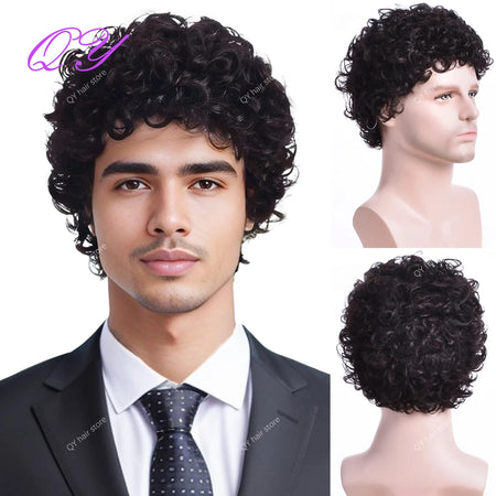 Short Curly Men's Wig - Fashion Style Adjustable Cap, Natural Black 8289