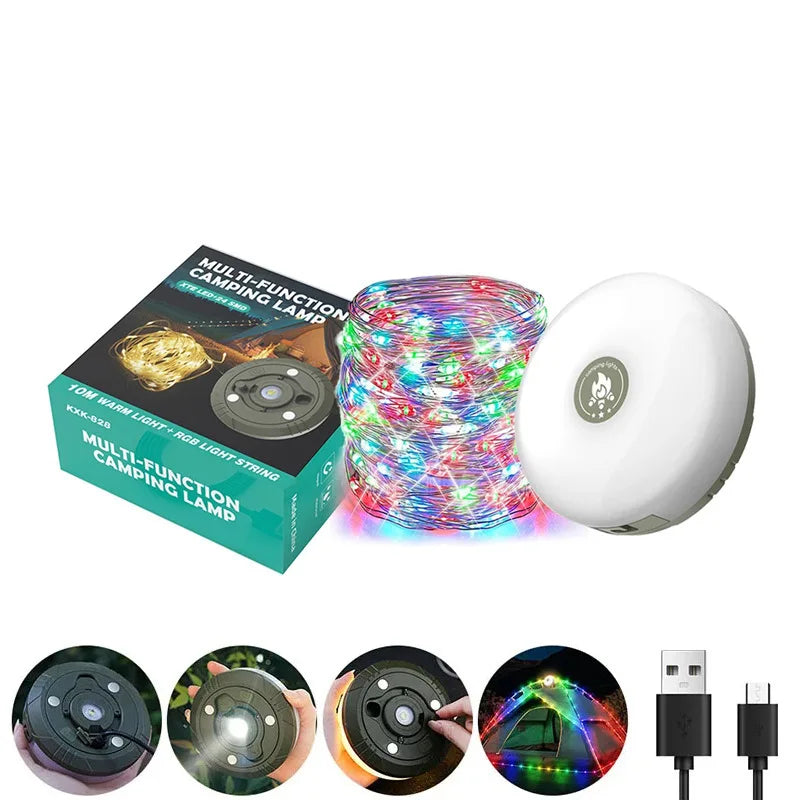 4-in-1 LED Rechargeable Camping Light &ndash; Versatile Outdoor and Festive Decor RGB-Warm Light