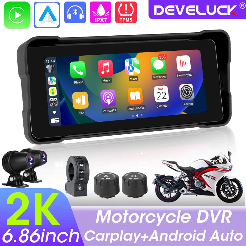Motorcycle DVR Screen 2K GPS with Wireless CarPlay and Android Auto, Waterproof Touch Display