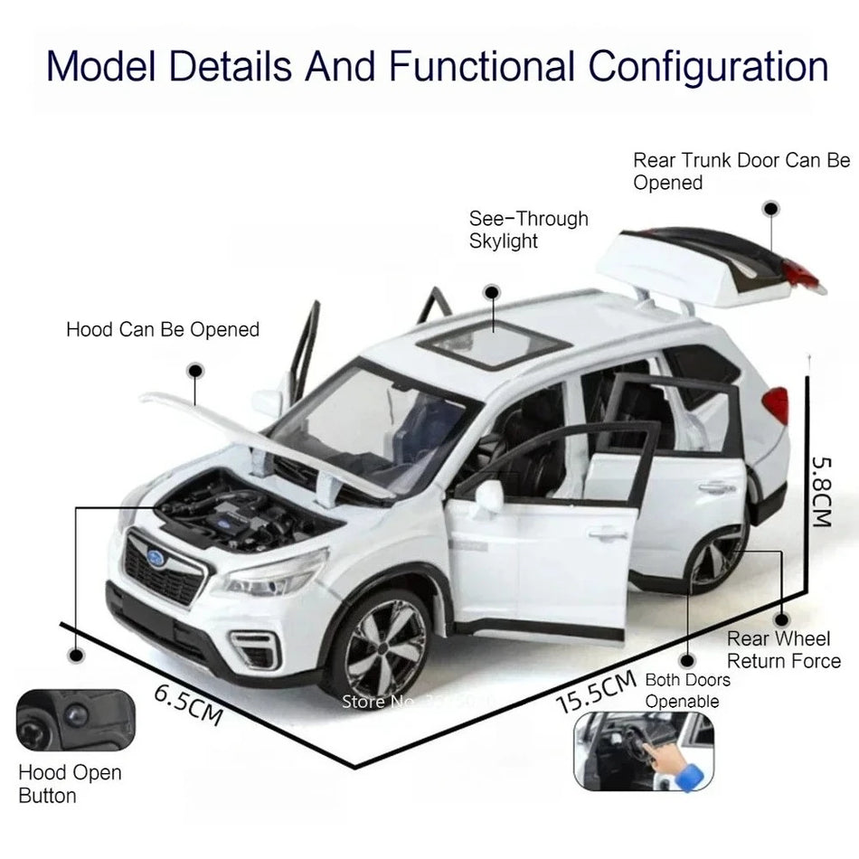 Model de mașină diecast Forester la scară 1:30, cu ușile deschise și mecanism de retragere.
