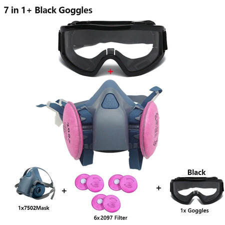 7502 Silicone Respirator Gas Mask Set &ndash; Goggles Included 7in1-Black Goggles