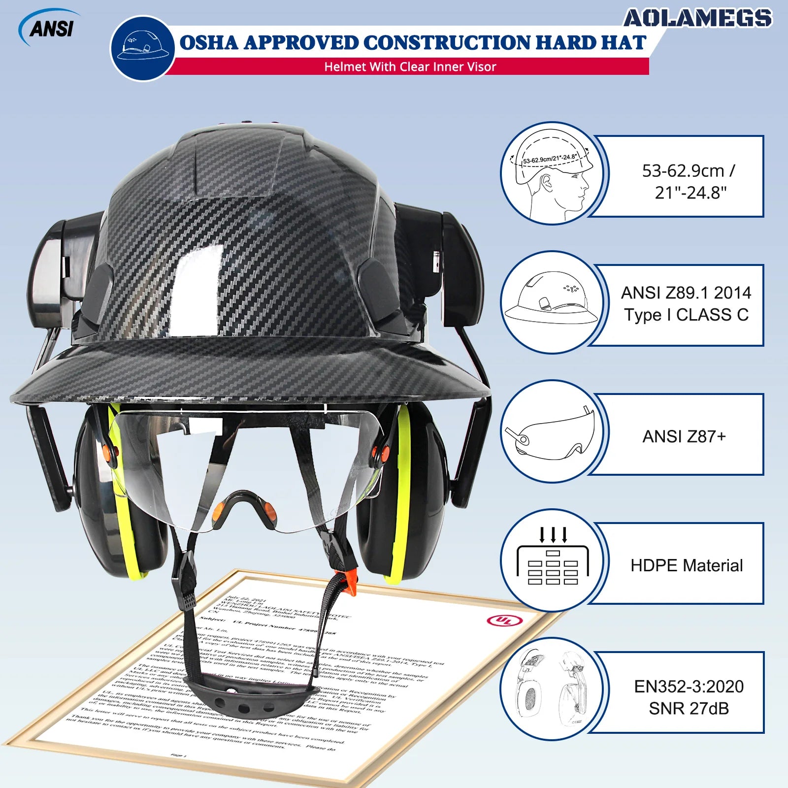 CE Full Brim Safety Helmet With Goggles &ndash; Built In Earmuffs