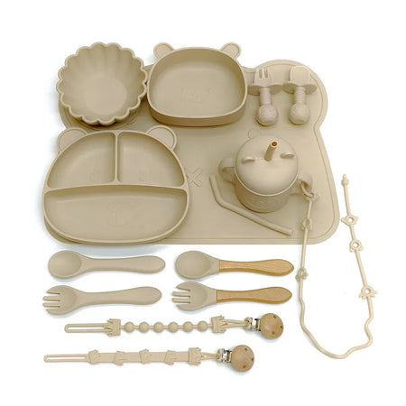 Children's Silicone Meal Plate Set &ndash; Fun Bear Design with Suction Cups Beige
