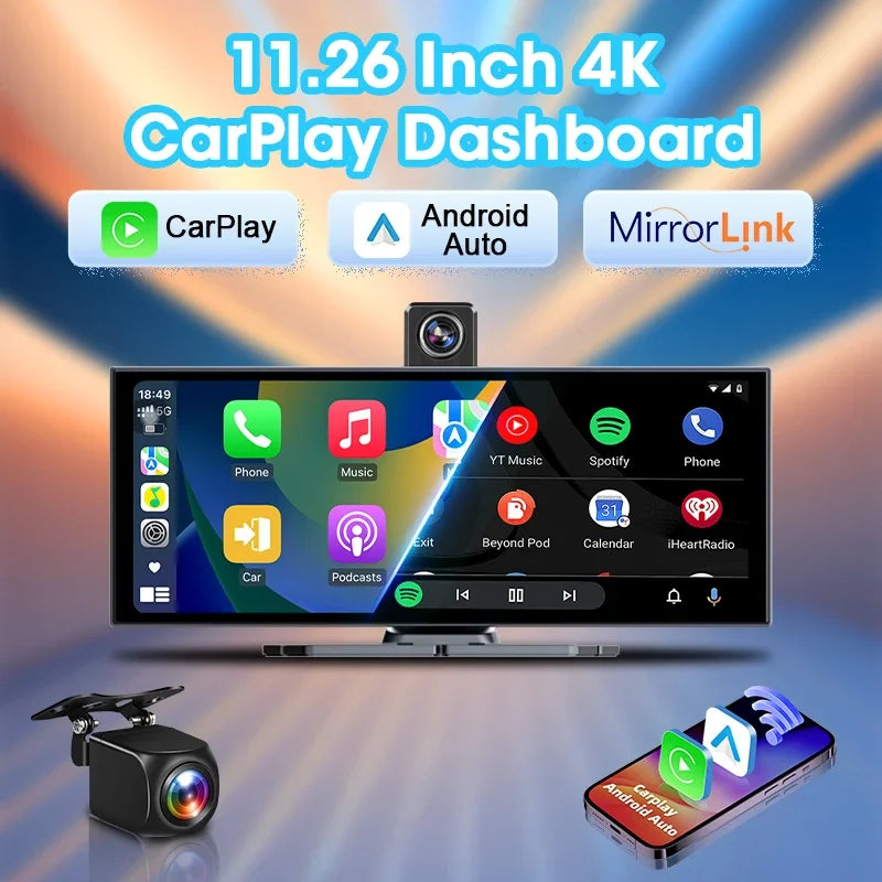 Develuck 11.26 Inch CarPlay 4K Dash Cam with Rotatable Front Camera and Android Auto
