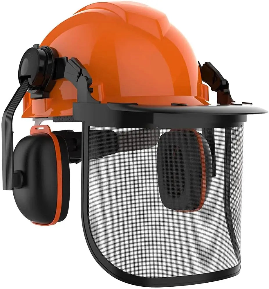 Forestry Safety Helmet Set &ndash; Full Face Steel Mesh Visor Orange