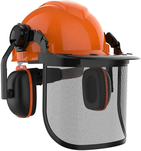Forestry Safety Helmet Set &ndash; Full Face Steel Mesh Visor Orange