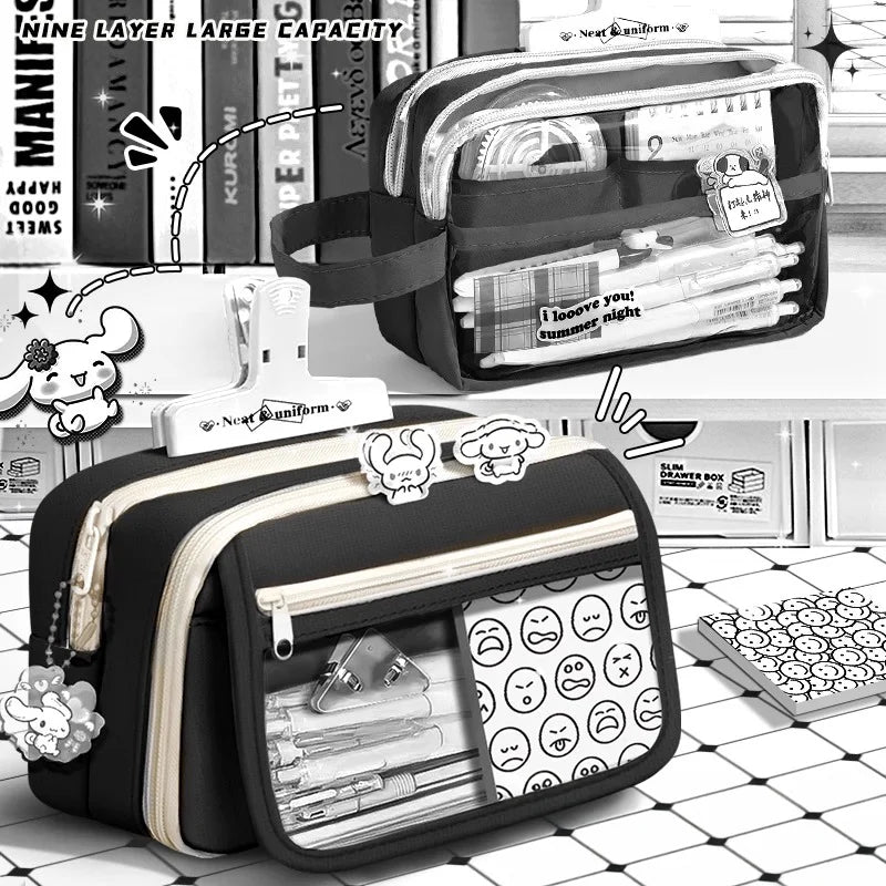 Inkpals Black Pencil Case - Large Capacity Kawaii School Organizer