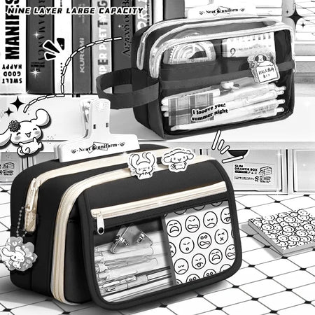 Inkpals Black Pencil Case - Large Capacity Kawaii School Organizer