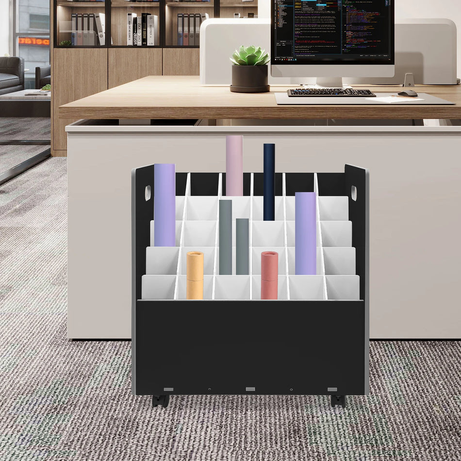 Musta 30-paikkainen mobiili rullatiedostohylly, jossa on 4 jarrua