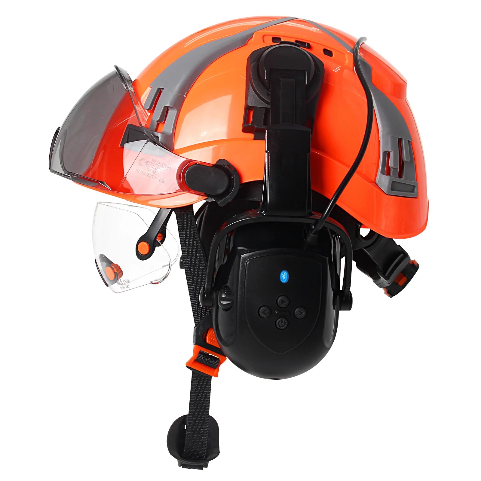 CE Safety Helmet With Bluetooth Earmuffs &ndash; Built In Goggles Orange Set