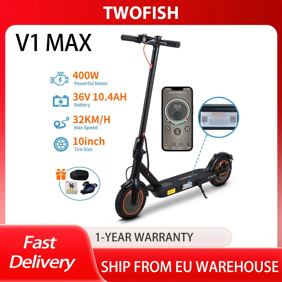 Ηλεκτρικό Πατίνι Twofish V1 Max με Κινητήρα 400W, Μπαταρία 36V 10.4Ah, Μέγιστη Ταχύτητα 32km/h, Εμβέλεια 25km, Πίσω Δισκόφρενο