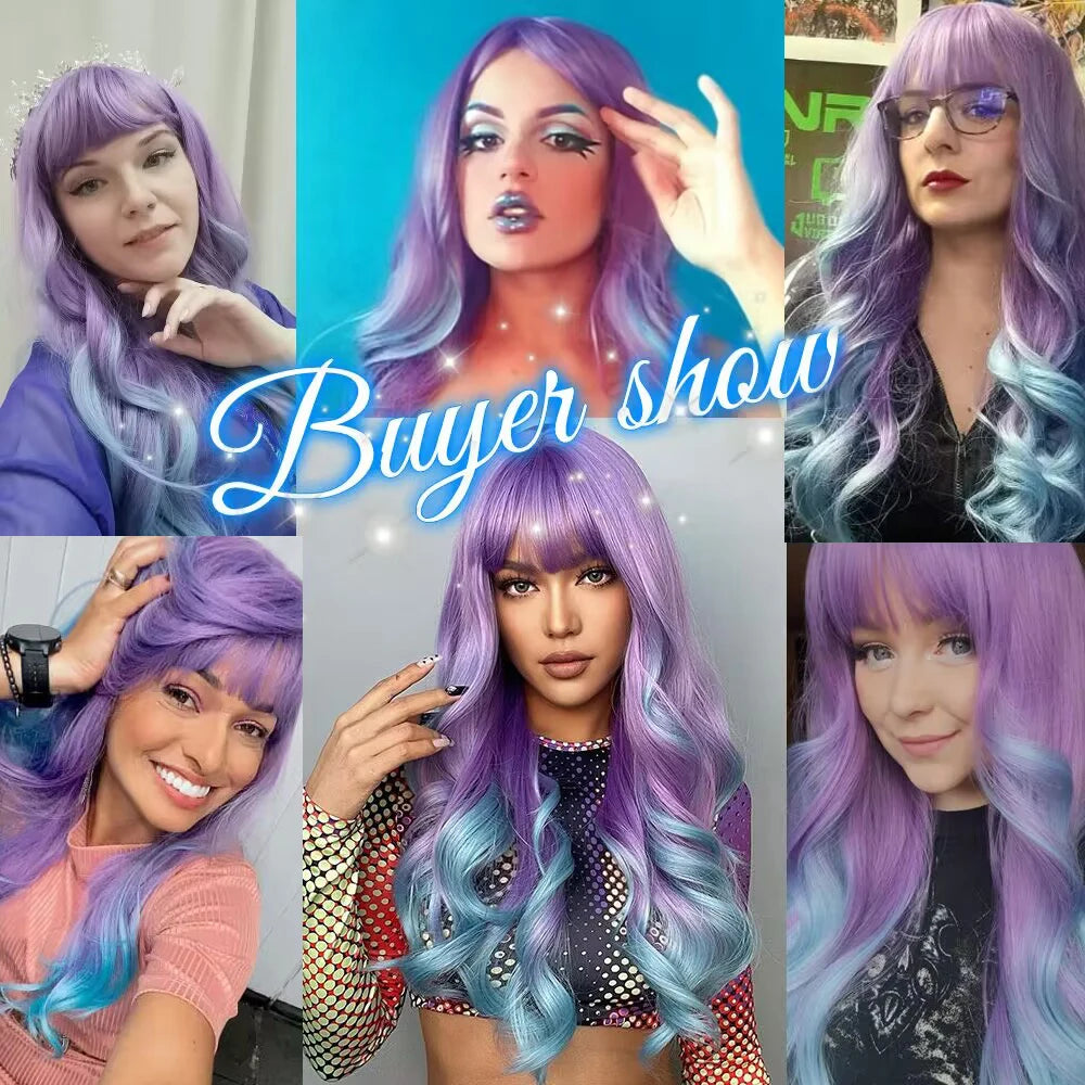 Blonde Unicorn Ombre Purple to Blue Long Wavy Wig for Women
