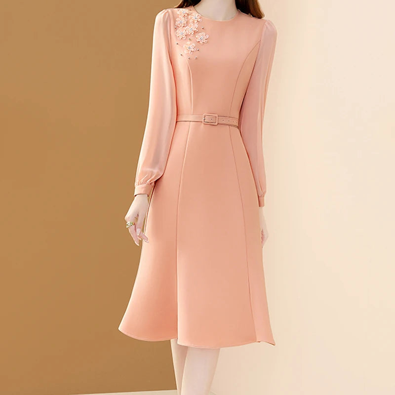 EVNISI Elegant Floral Embroidery A-line Dress with Belt for Women PINK / S