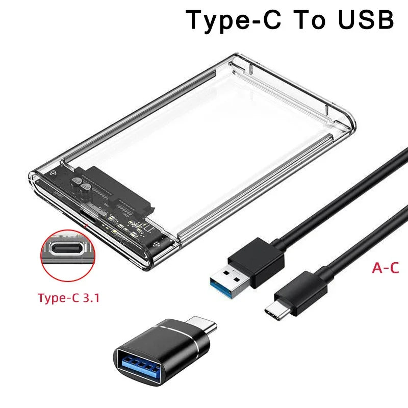 Transparent USB 3.0 Type-C 2.5 Inch SATA HDD/SSD Enclosure with 5Gbps Speed USB C-USB A OTG