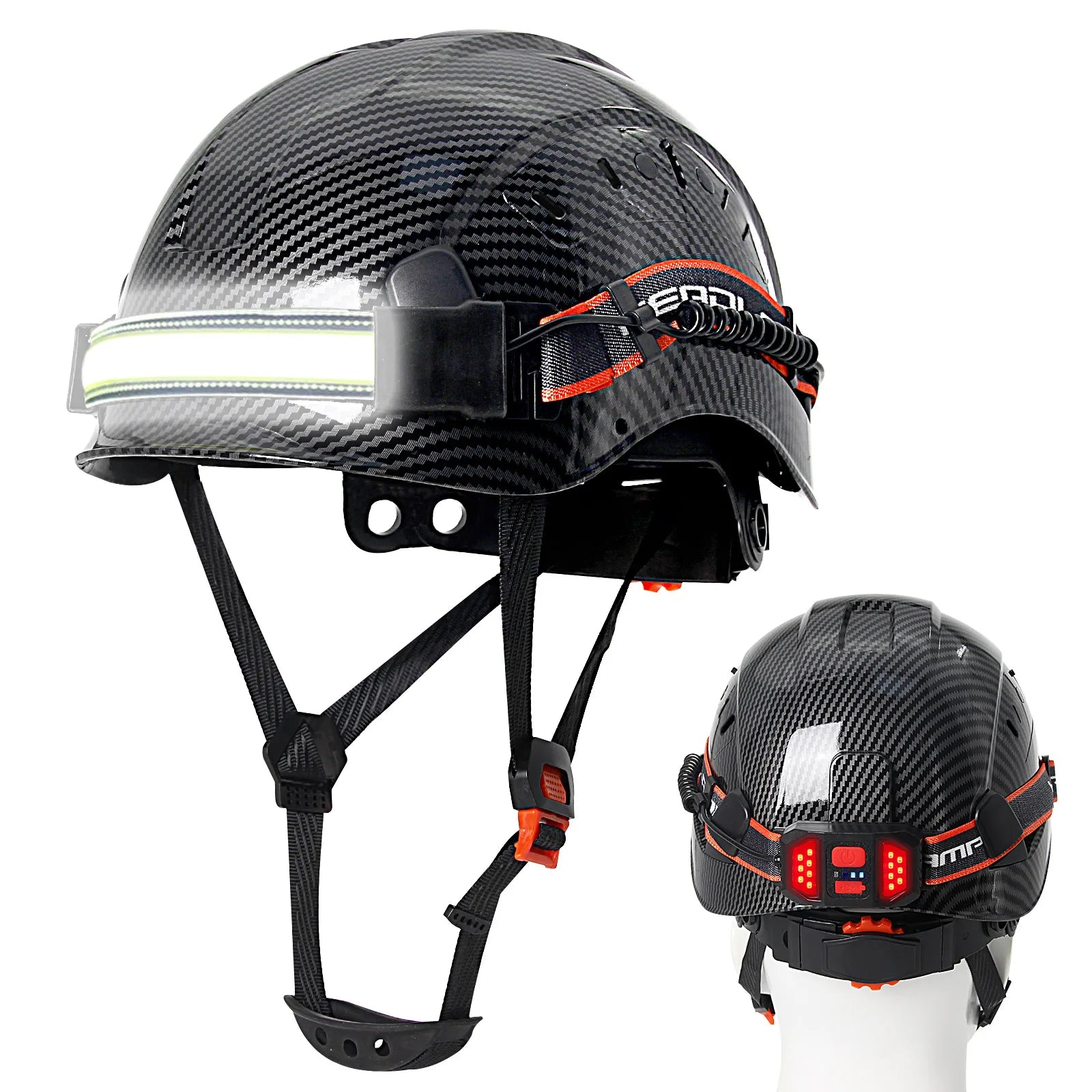 CE Carbon Fiber Safety Helmet With LED Strip &ndash; Breathable Fit Bright Black A