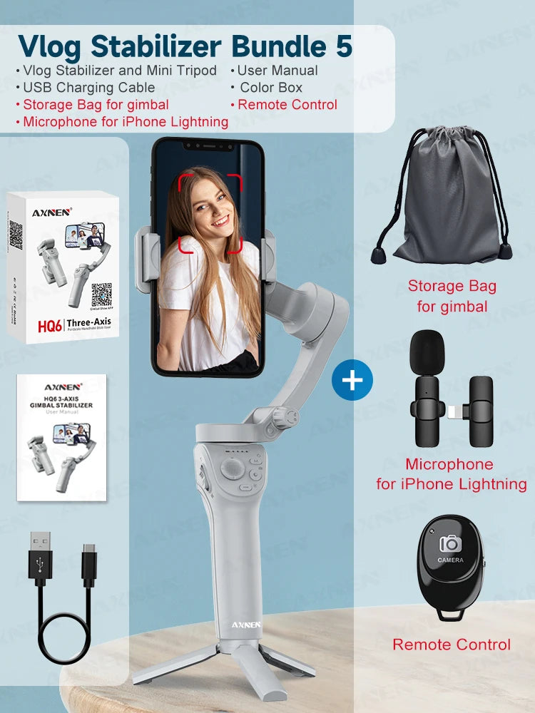 HQ6 3 Axis Anti-Shake Vlog Stabilizer &ndash; Adjustable Fill Light and Face Tracking AXNEN HQ6 Bundle 5 / CHINA