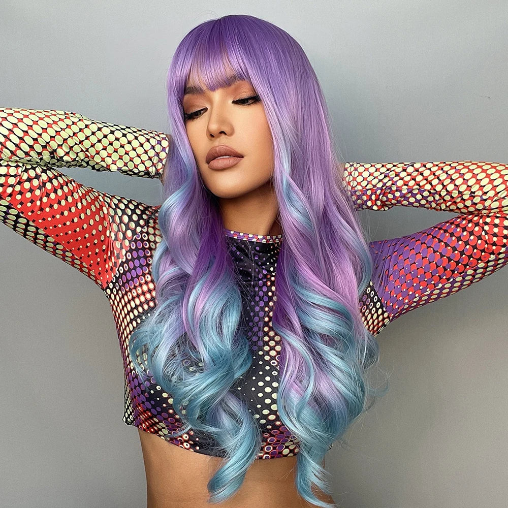 Blonde Unicorn Ombre Purple to Blue Long Wavy Wig for Women