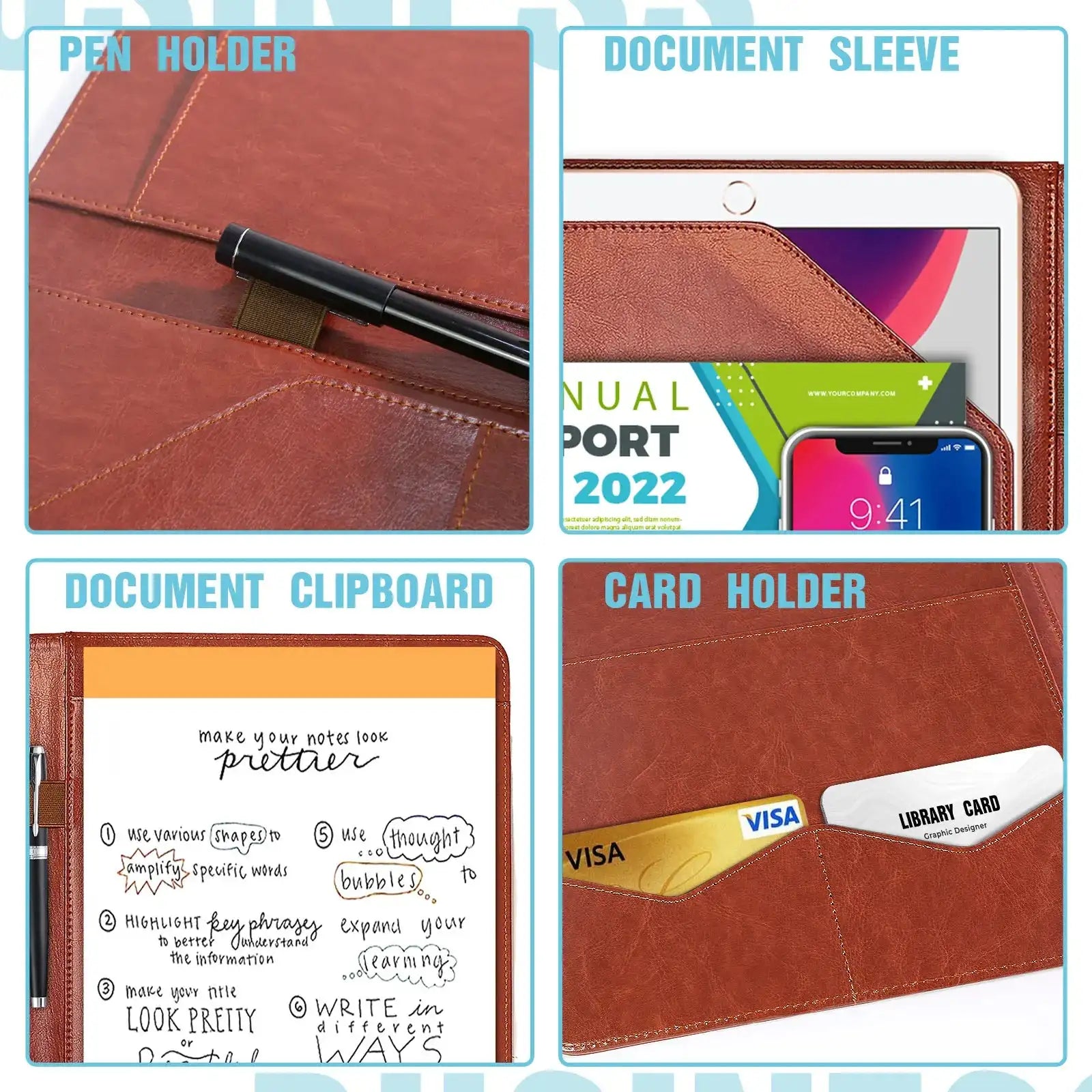 PU Leather A4 Multifunctional Conference Folder Pockets