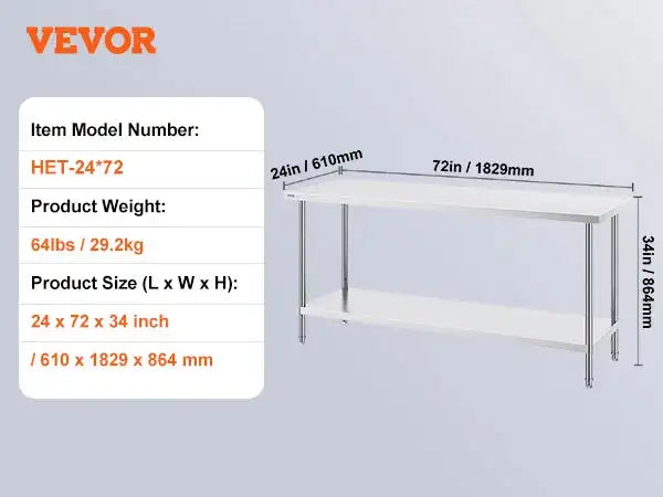 Stainless Steel Prep Table Heavy Duty Restaurant Grade Table 24x72inch / france