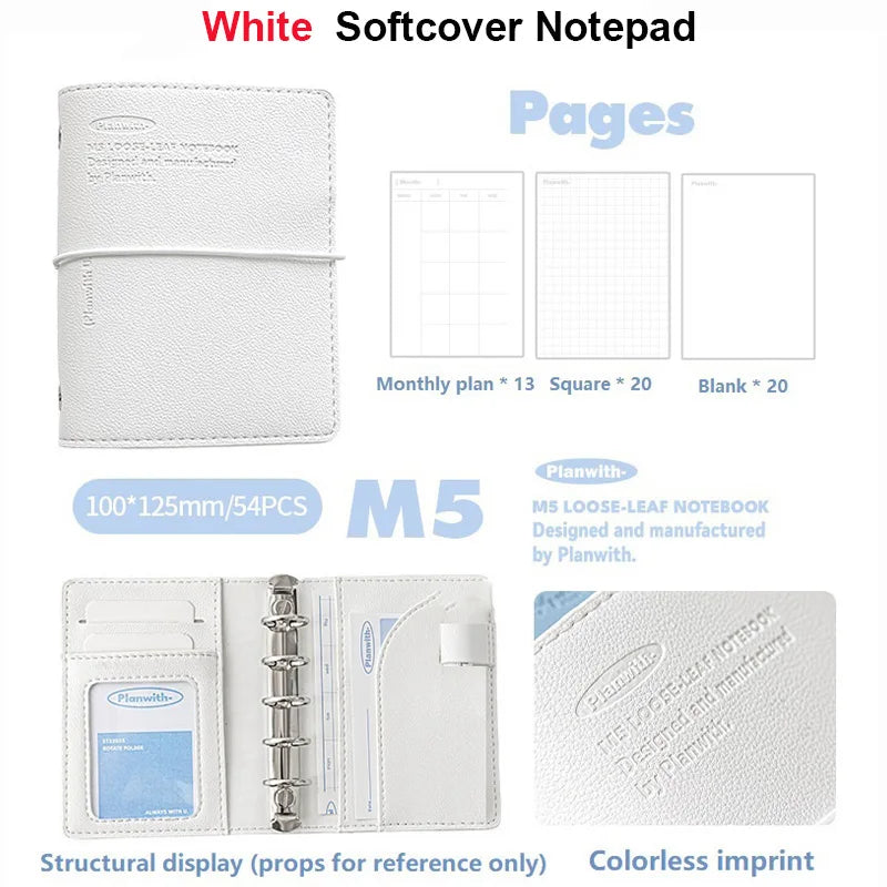 Planwith M5 Binder Notebook Set with Versatile Gel Pens and Flipchart Notepad White Notebook