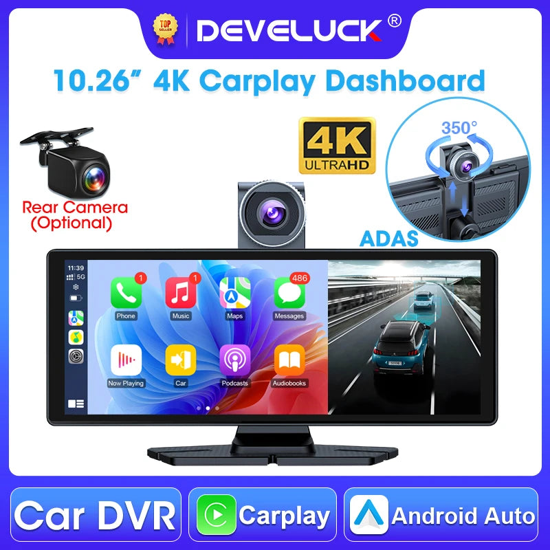 Develuck 10.26 palcová ADAS kamera do auta přední 4K, zadní 1080P, IPS displej pro bezpečnou jízdu