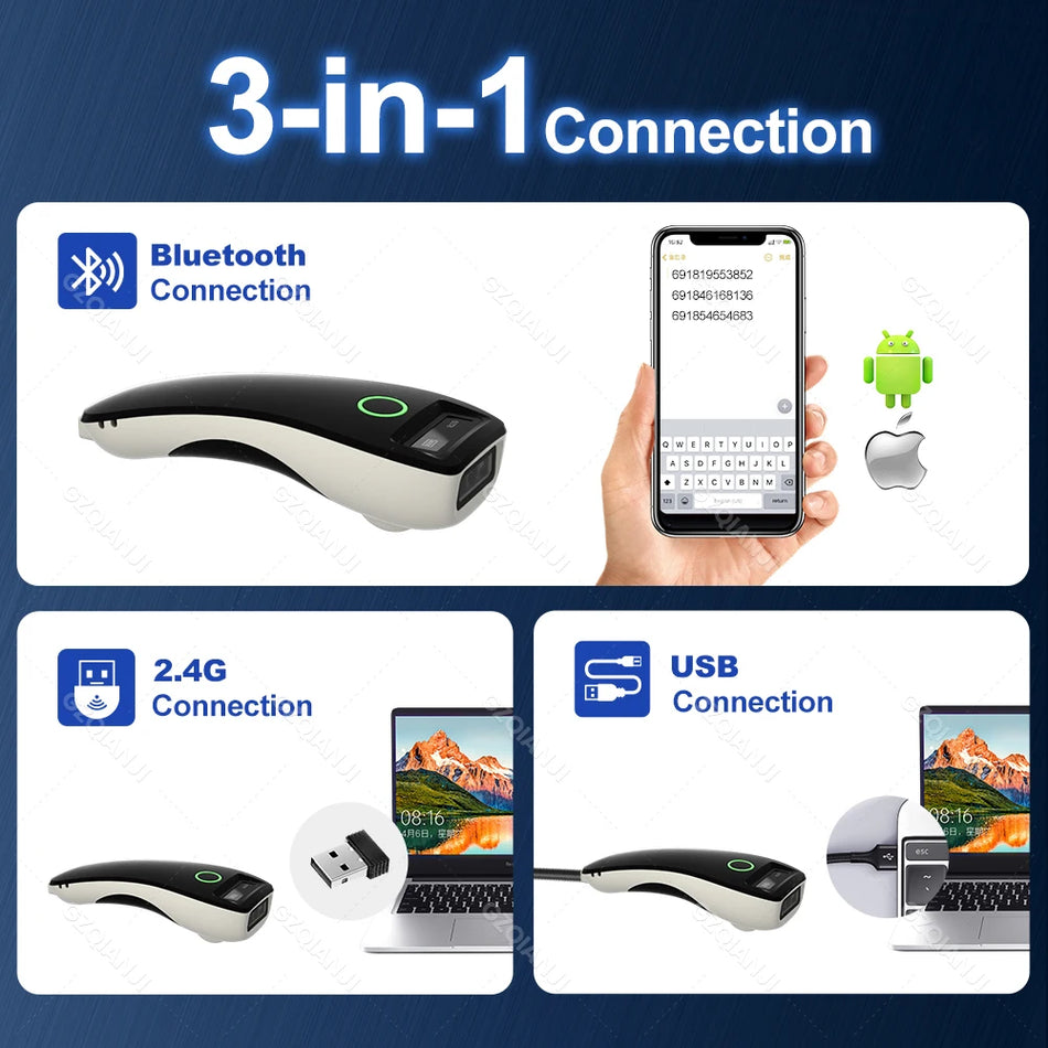 Mini Bluetooth svītrkodu skeneris 2D/1D PDF417 ar LCD displeju, 2.4G USB bezvadu