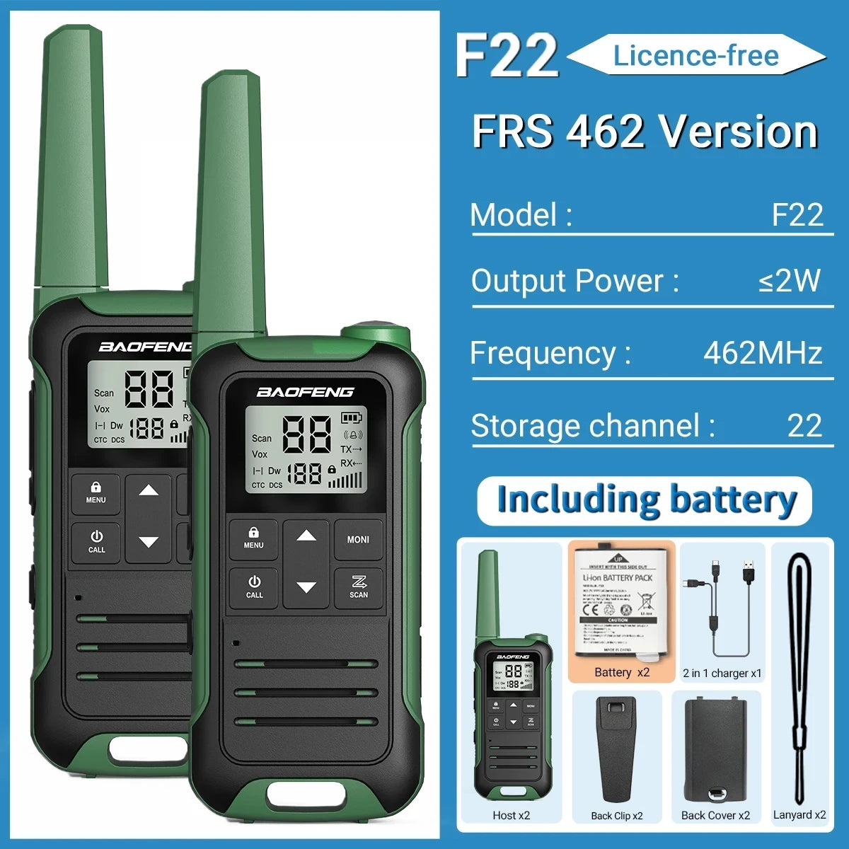 Baofeng F22 Mini Walkie Talkie PMR FRS - Long Range FRS -Green