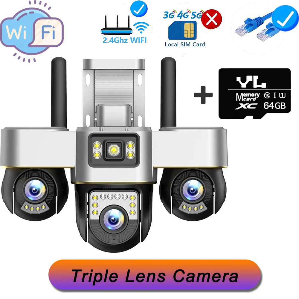 15MP Three Screens IP Camera Wireless Outdoor Three Lens PTZ Lens Audio Human Auto Tracking Surveillance Wifi Cameras Waterproof WIFI Cam 64G Card / US Plug