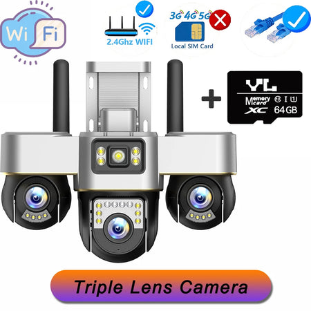 15MP Three Screens IP Camera Wireless Outdoor Three Lens PTZ Lens Audio Human Auto Tracking Surveillance Wifi Cameras Waterproof WIFI Cam 64G Card / US Plug