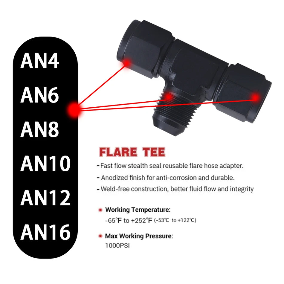 Raccord en T à flare en aluminium AN6 AN8 AN10 AN12, filetage mâle femelle