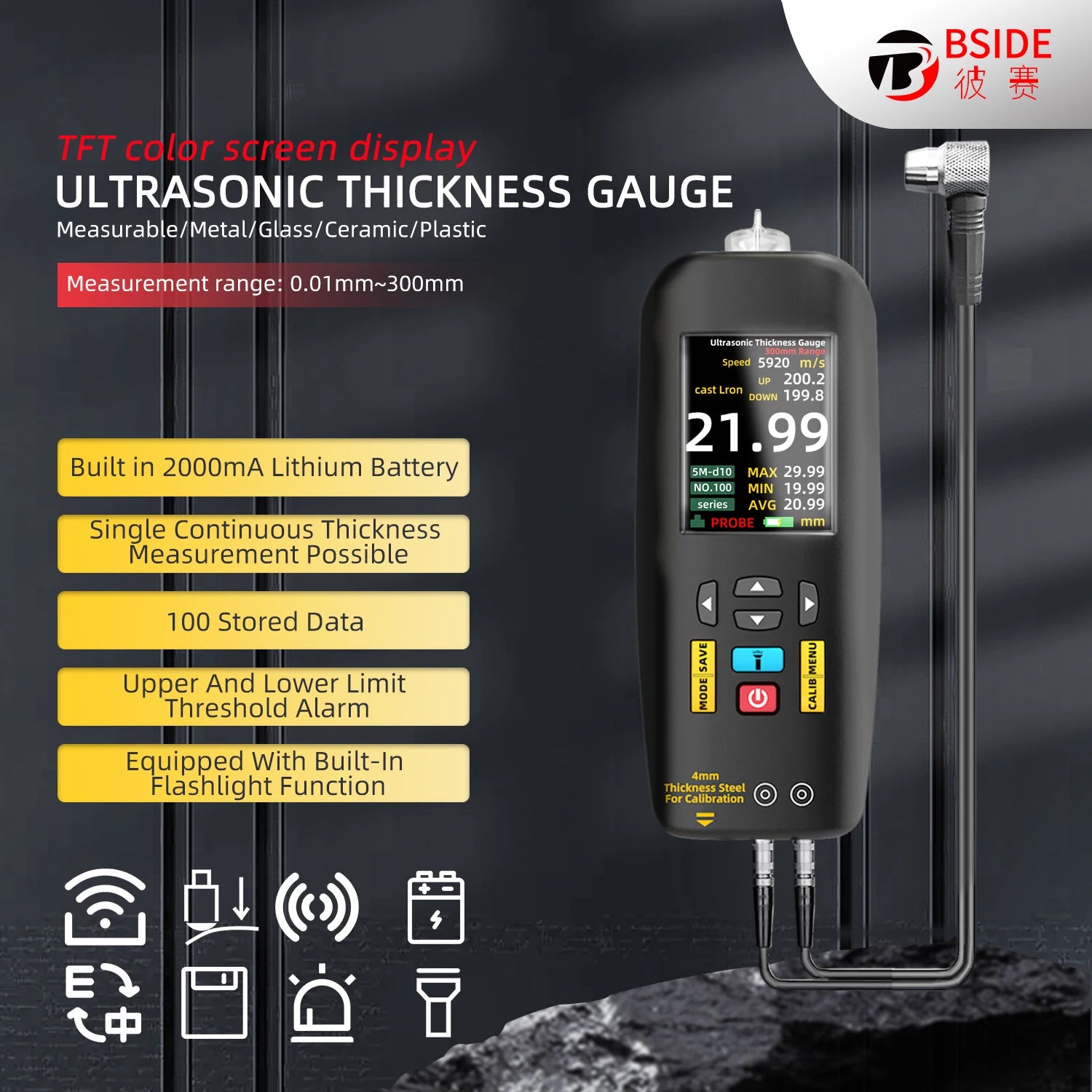BSIDE T7 Ultrasonic Thickness Gauge &ndash; 0.01 to 300 mm Range