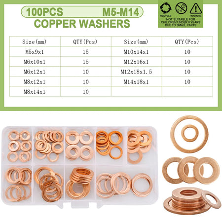 Copper Sealing O-ring Gasket Kit for Boat and Motorcycle M5-M14 100Pcs