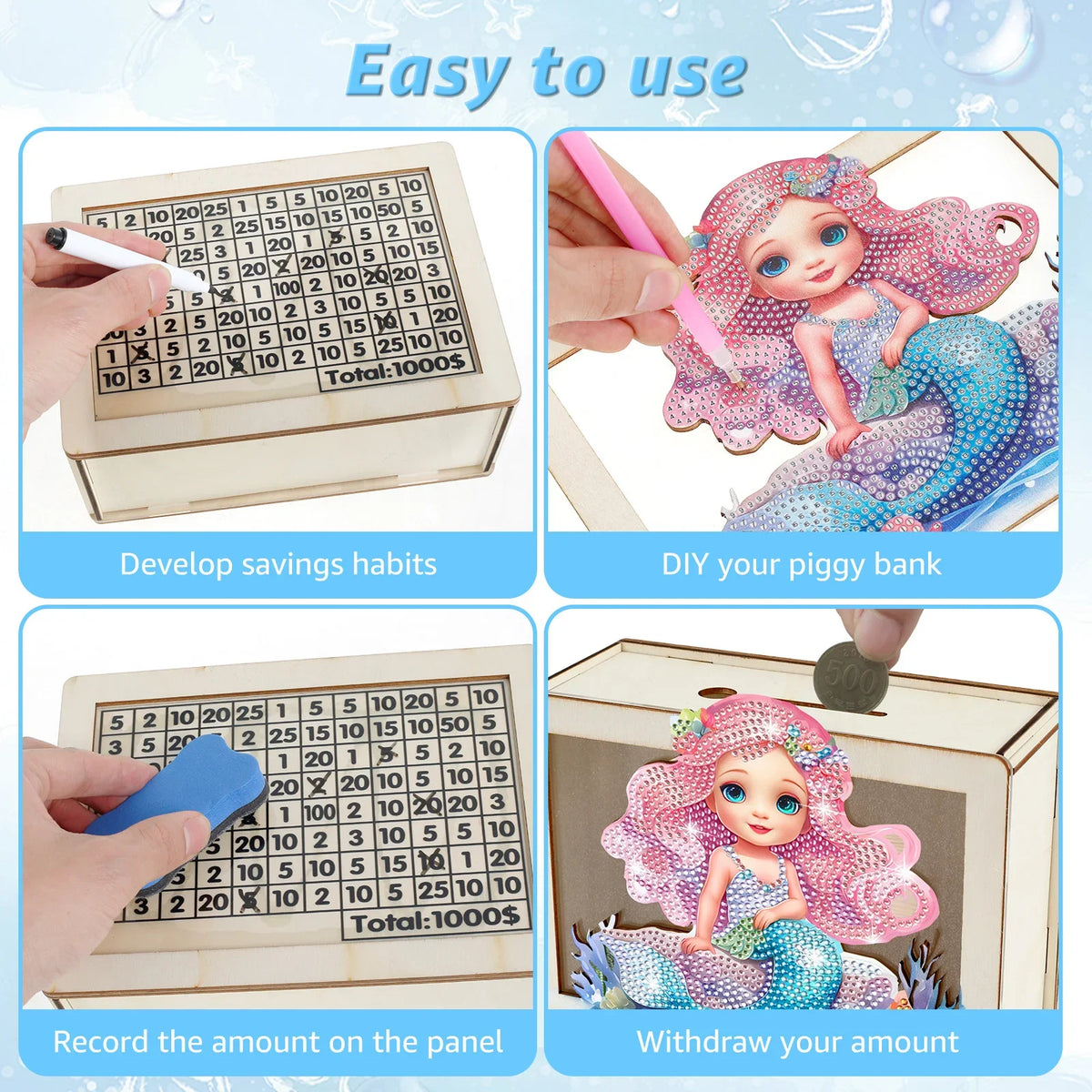 DIY Mermaid/Unicorn Wooden Piggy Bank with Diamond Painting &amp; Savings Goals