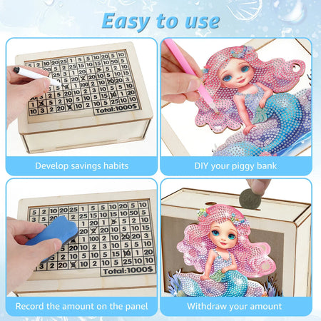 DIY Mermaid/Unicorn Wooden Piggy Bank with Diamond Painting &amp; Savings Goals