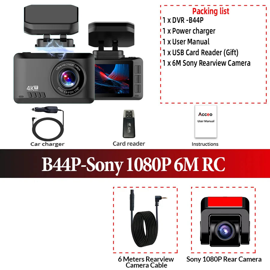 ACCEO 4K Dash Cam WIFI Car DVR - Dual Lens 24H Monitor B44P-6M RCC / None