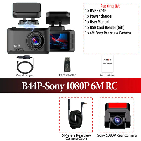 ACCEO 4K Dash Cam WIFI Car DVR - Dual Lens 24H Monitor B44P-6M RCC / None